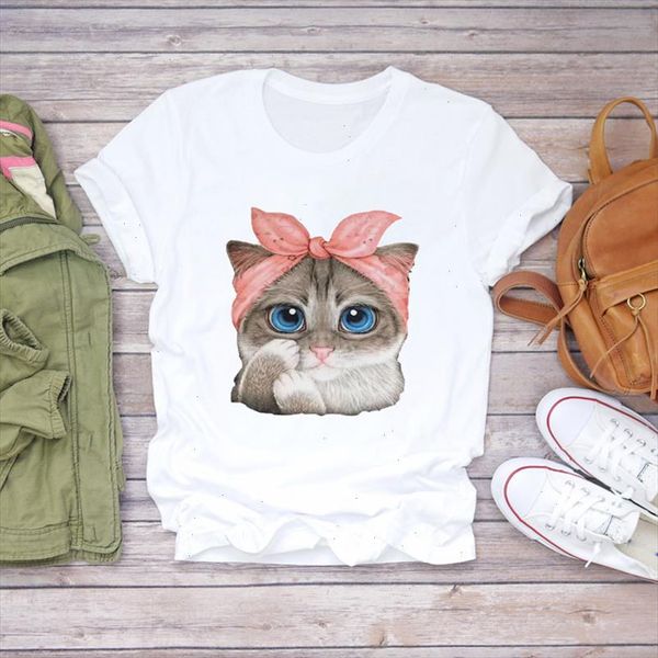

women cartoon cat printing kawaii 90s animal cute fashion print lady t shirts womens graphic t shirt female tee t shirt, White