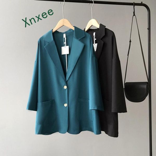 

xnxee women blazer long sleeve green black suit coat retro classic jackets chic turn-down collar basic plain blouse, White;black