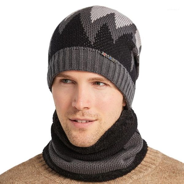 

2pcs men winter flame knitted beanie hat scarf set cycling plush lined skull cap d0jd1, Blue;gray