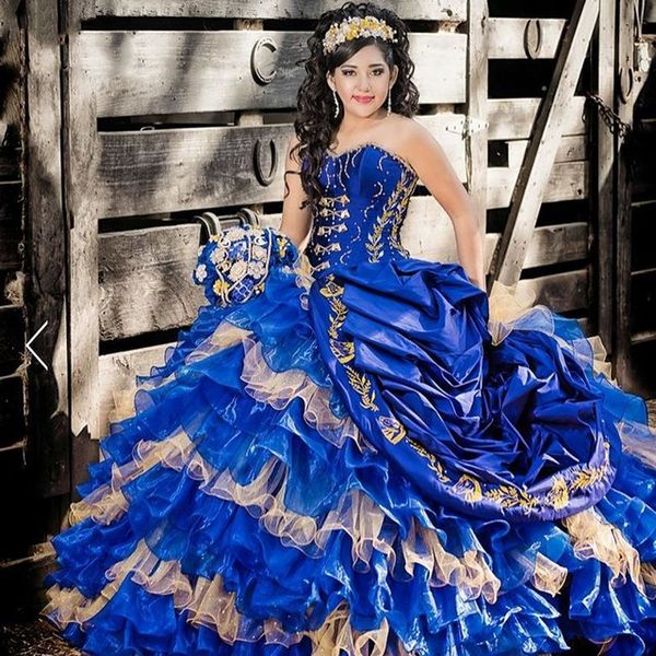 Misquince Royal Blue Abiti Quinceanera Perline Sweetheart Ricamo Sweet 16 Dress Organza Ruffles Gonna vestidos de XV a￱os