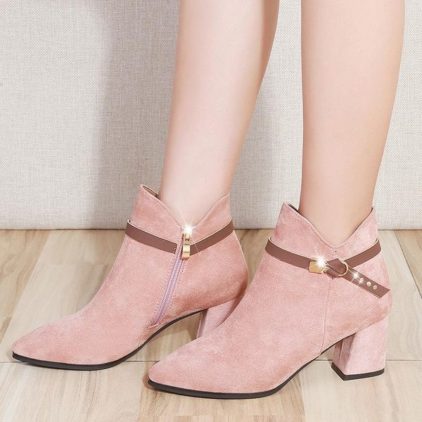 

boots autumn and winter high-heeled women 2021 girly pink short pointed toe fashion all-match nude, Black