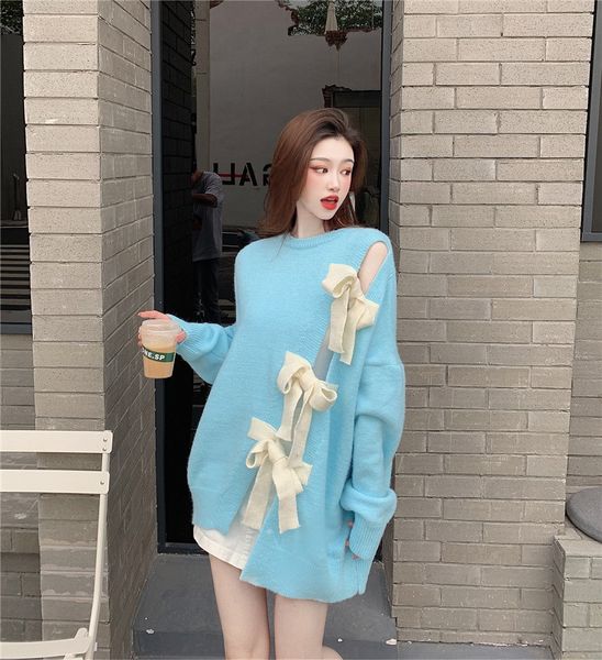 

2021 Female Fashion Large-scale Split Bowtie New Winter Loose Korean Style Long-sleeved Top Chic Sweater BW29, White;black