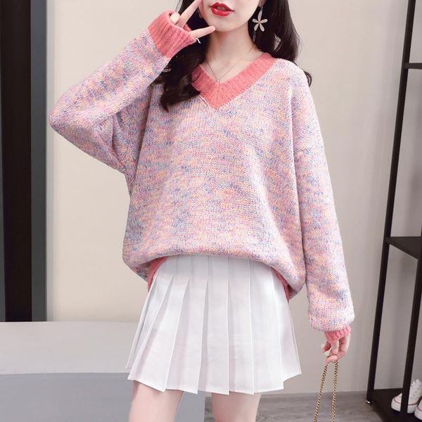 

women's sweaters korean fall and winter color v-neck sweater outside casual sets 2021 loose lazy wind wild knitwear pullovers jacket, White;black