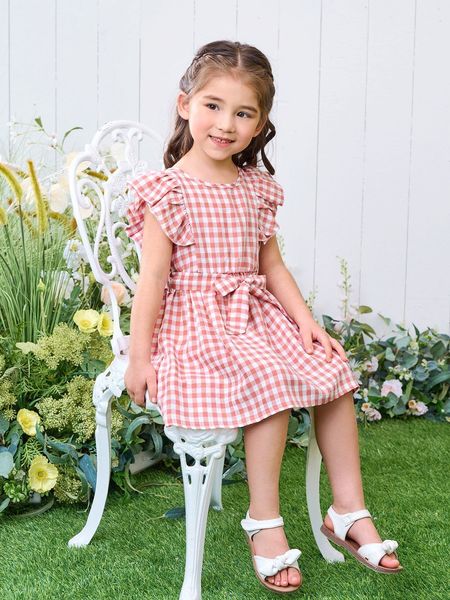

toddler girls gingham print ruffle trim belted dress she, Red;yellow