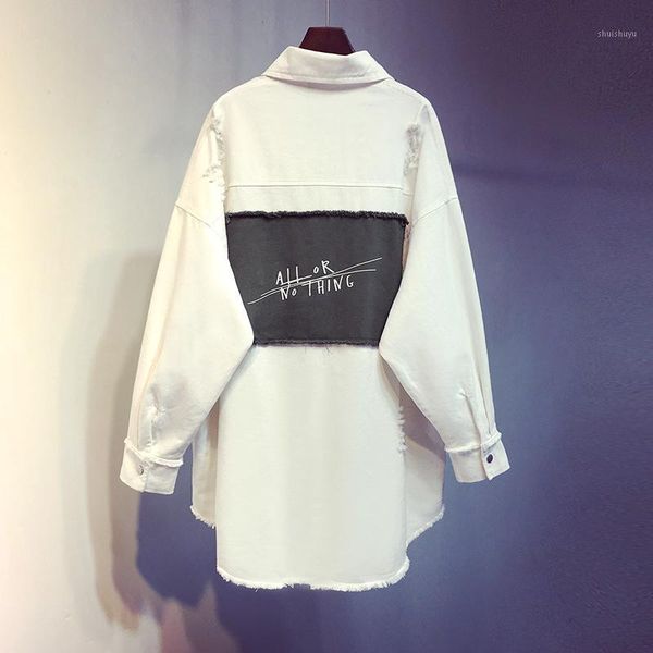 

ewq] 2020 spring autumn new arrivals turn down collar full sleeve pockets women fashion casual patchwork denim shirt ay161001, White