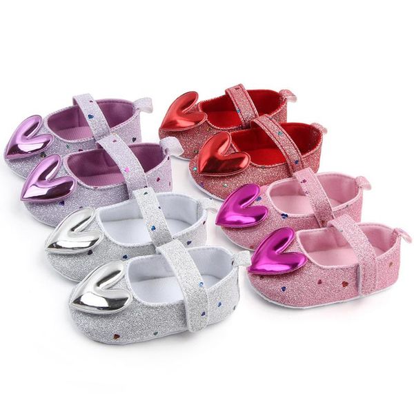 

25# children shoes girls indoor pure color sequins soft-soled heart-shaped princess baby walking buckle strap toddler shoes