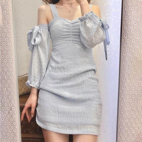 

party dresses [ewq] 2021 autumn european style suspenders wrapped chest mini dress off shoulder lantern sleeve queen women1, White;black