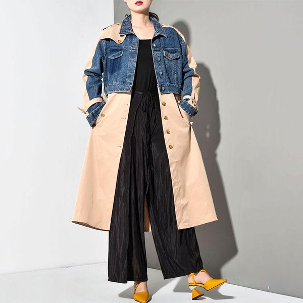 

2020 spring new windbreaker women fashion lapel long sleeve denim split joint loose long big size jacket women autumn coat tide, Tan;black