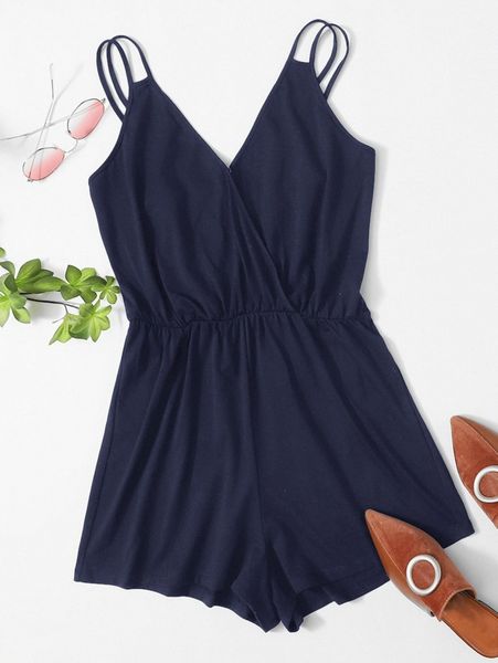 

plus double strap surplice neck slip romper 53xk#, Black