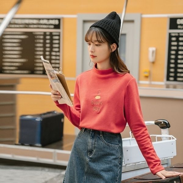

inman half high neck t-shirt women's new winter arrivals with suede embroidered base coat solid color long sleeve 201028, White