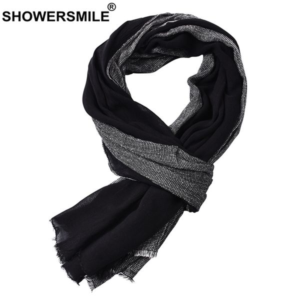 

showersmile black cotton linen scarf men long patchwork scarf for men tassel winter mens scarves fashion men's accessories 201026, Blue;gray