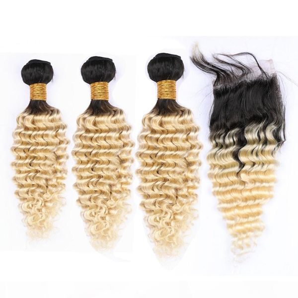 

blonde ombre deep wave peruvian virgin human hair weaves with closure #1b 613 blonde ombre wavy 3bundles with 4x4 lace front closure, Black;brown