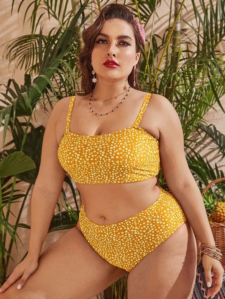 

plus ditsy floral high waisted bikini swimsuit 19lz#, Black