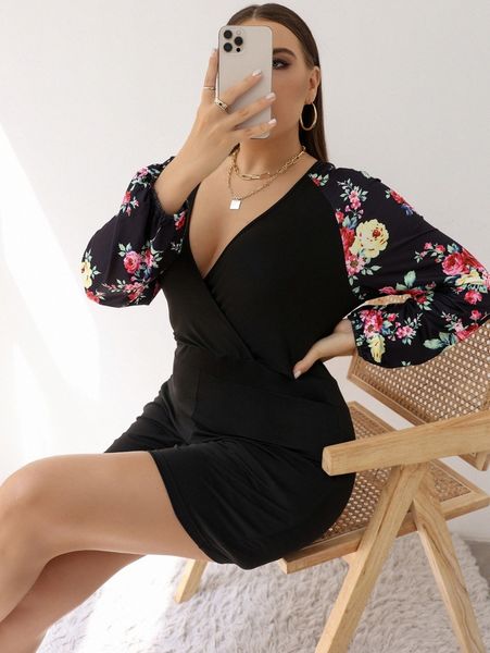 

plus floral raglan sleeve jumpsuit a50d#, Black