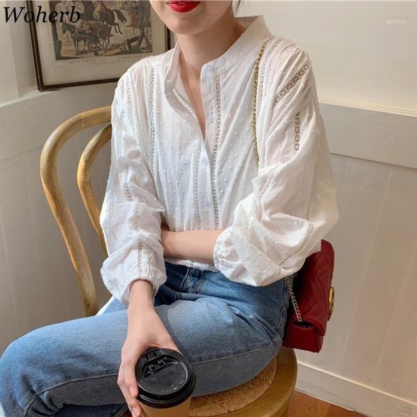 

women's blouses & shirts woherb casual white blouse shirt women 2021 spring summer stand neck ladies solid hollow out loose blusas wome