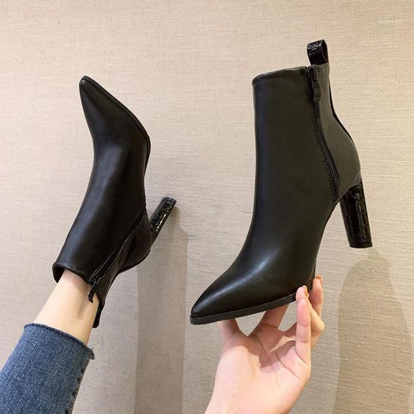 

fall winter pointed toe block heel ankle boots women shoes 2020 breathable side zip high heels boots ladies short leather1, Black