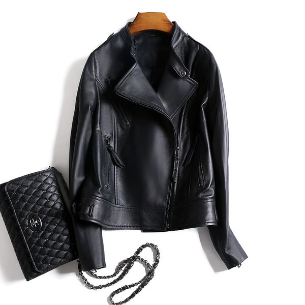 

factory direct black cloth short pure leather jacket woman