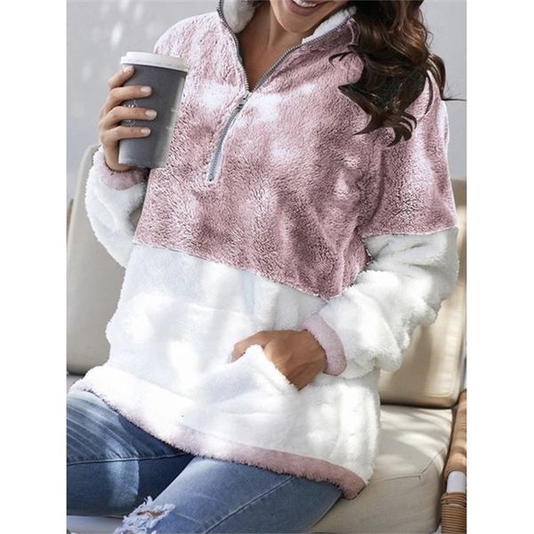 

new 2021 women sweatshirts casual winter fur clothing zipper patchwork pullovers sweatshirt female warm pockets woman clothes 7x6c, Black