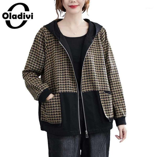 

oladivi plus size women overcoat houndstooth jacket autumn short design casual coat 2020 female loose vintage oversize outerwear1, Black;brown