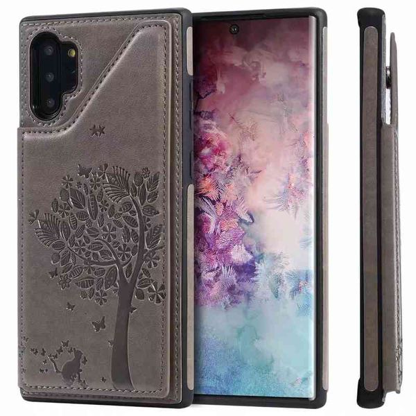 

pu leather phone cases for samsung galaxy note20 s21 s20 ultra note10 s10 plus, cat and tree embossing kickstand shockproof case with card