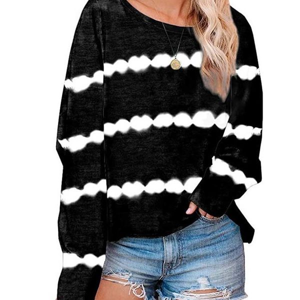 

s-5xl new fashion plus size sweater women's tie-dye stripe printing loose long-sleeved casual round neck t-shirt top, White