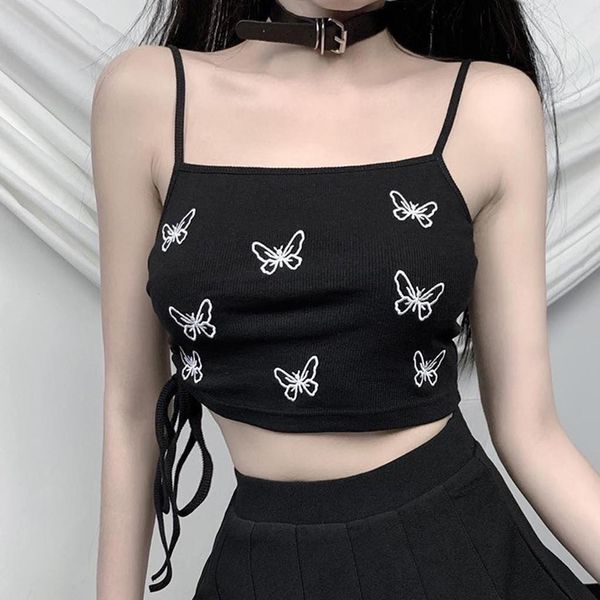 

women crop summer butterfly print drawstring suspenders tank cropped feminino ladies elastic ruched short vest camisole, White