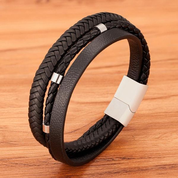 

charm bracelets hand-woven diy size three-layer stainless steel stitching men's leather bracelet combination color advanced choice birt, Golden;silver