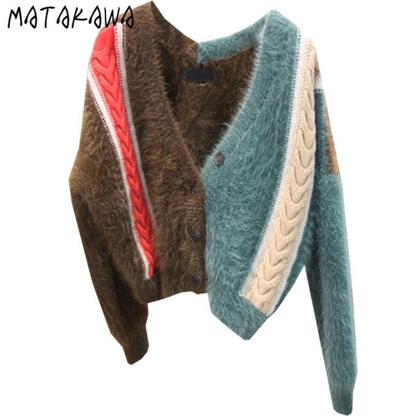

matakawa 2021 winter v-neck mink fleece women sweater coat contrast color knitted cardigan short korean wool sweaters, White