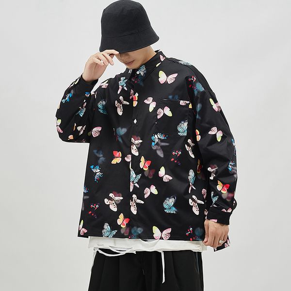 

2021 new brand spring autumn hip hop streetwear long sleeves print collar korea style black white shirt for men's harajuku clothes q1xl, White;black