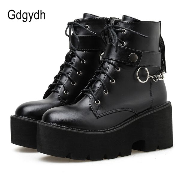 

gdgydh new chain women leather autumn boots block heel gothic black punk style platform shoes female footwear c1011, Black;white