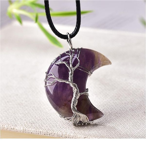 

1pc natural crystal pendant tree of life moon shape stone quartz mineral jewelry healing stone for men women jewe qylmiv, Black