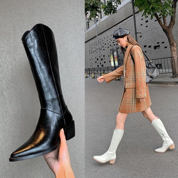 

fashion women western boots ins style genuine leather riding boots for woman long pointed toe cowboy plus size 431, Black