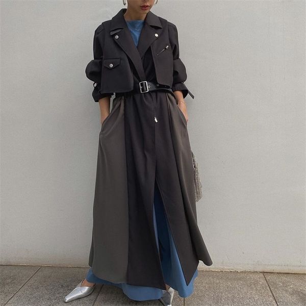 

spring autumn black khaki long trench coat for women korean japan fashion office ladies streetwear coat female casual outwear 201031, Tan;black