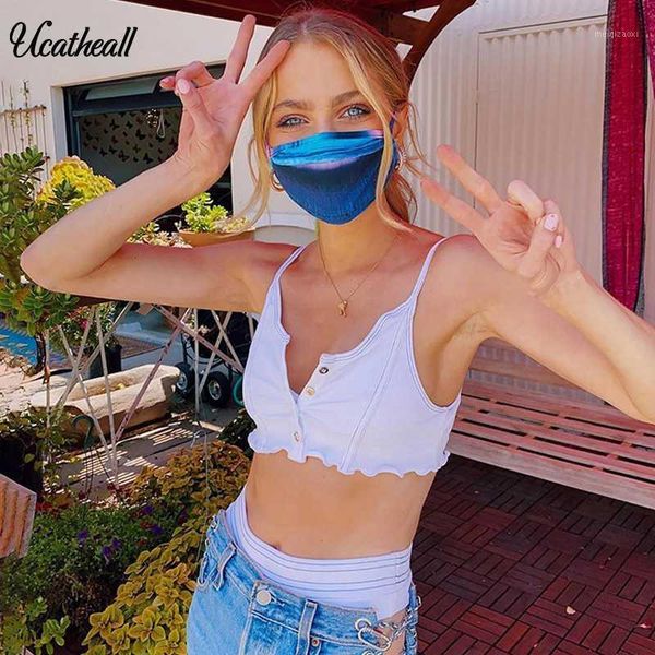 

women's knitteed ribbed v neck crop tank solid single-breasted sleeveless stretch buttons camis summer lady tees, White