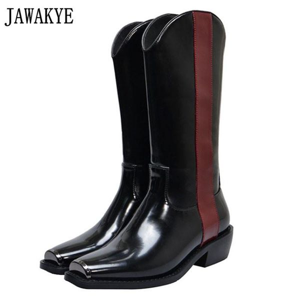 

black genuine leather patchwork color medium tube boots women metal square toe 4 cm chunky heel boots woman motorcycle