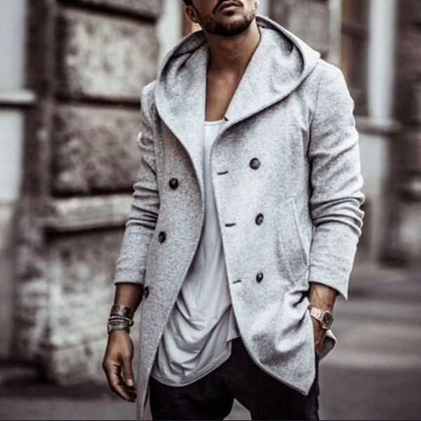 

autumn and winter double breasted straight hem hooded men's coat, Black