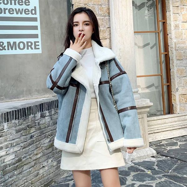 

women's down & parkas fashion thicken warm faux sheepskin coat women suede short lambs wool winter jacket motorcycle woman c6689, Black