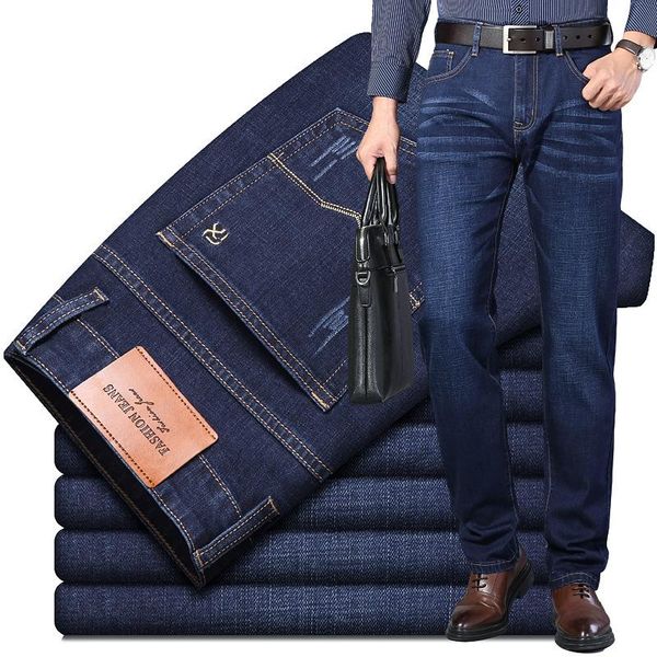 

men's jeans 2021 autumn and winter mid-waist small straight multi-pocket business pants 3d cut slim stretch fabric denim trousers, Blue