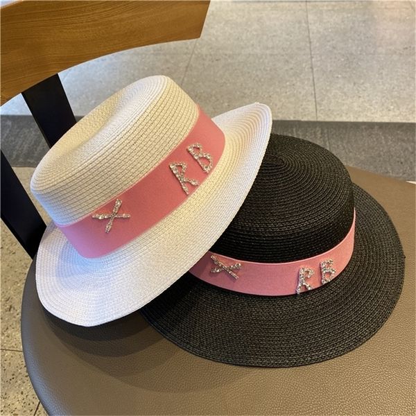 

wide brim sun hat women vintage boater straw classic ribbon band summer derby beach 220311, Blue;gray