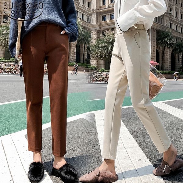 

casual elastic woolen pant autumn women female plus size trousers black/gray pants winter wool ankle-length pants 7223 50 y200418, Black;white