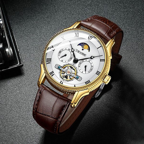 

brand tevise new men watch automatic mechanical watch moon phase tourbillon sport wristwatch leather strap relogio masculino, Slivery;brown