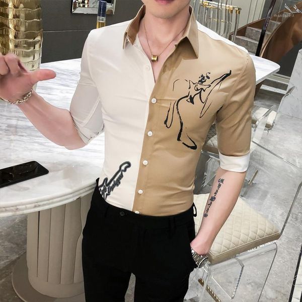 

golden patchwork mens dress shirts half sleeve casual slim fit shirt men streetwear social bar tuxedo blusa camisas para hombre1, White;black