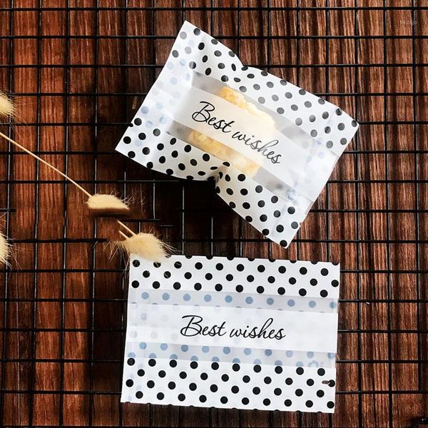 

gift wrap 100pcs/lot white frosted adorable black polka dot transparent bar handmade snowflake crispy nougat wrapping party goodie bags1