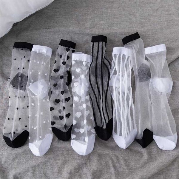 Sexy Spitze Frauen Socken Sommer Ultradünne Transparente Mesh Fishnet Kurze Socken Harajuku Casual Atmungsaktive Schwarz Weiß Crew Socken 211221