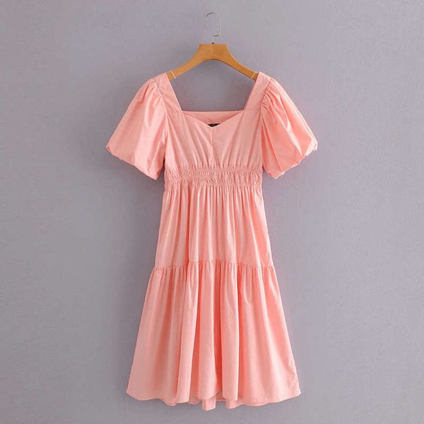 

new v-neck lantern sleeve pleated summer slim mid length dress, Black;gray
