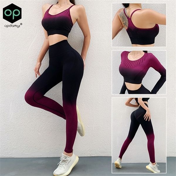 

ombre women's seamless yoga sets workout beauty back sports bra waist leggings long sleeve crop fitness sportswear suit c0122, Gray