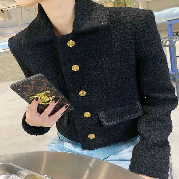 

women's jackets vinatge french style small fragrance tweed woolen jacket women lapel single breasted slim short 5dh9, Black;brown