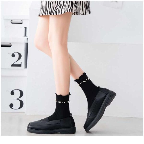 

women socks solid color autumn pearl ruffle socks female lolita kawaii harajuku cute sock woman socks cotton fun bbybmt, Black