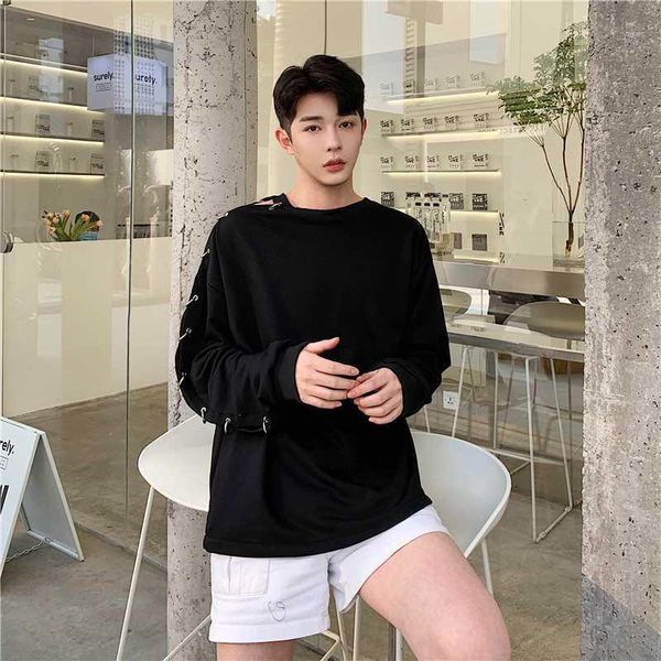 

new men metal ring hollow long sleeve casual pullover hoodie male women streetwear hip hop couple sweatshirt1, Black