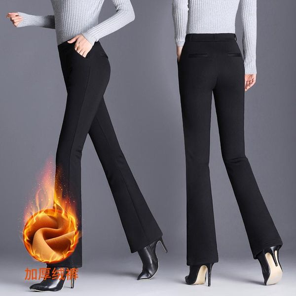 

women autumn winter velvet keep warm flared trousers plus size high waist elegant long fashion ladies bell bottom trousers, Black;white